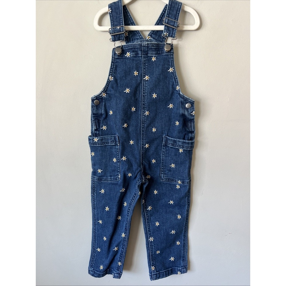 Hanna Andersson Girl's Embroidered Daisy Flower Denim Overalls Size 4
